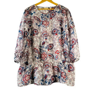 Chico's Sheer Floral Keyhole 3/4 Sleeve Blouse Women's Size XL